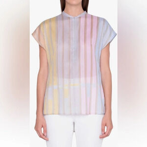 Akris Half Zip Multicolor Pastel Stripe Sheer Cotton Blouse - Size 10 (US)